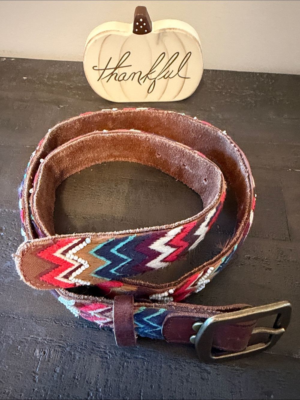 Lucky Brand Multi-Color Embroidered Leather Suede Belt - Brown